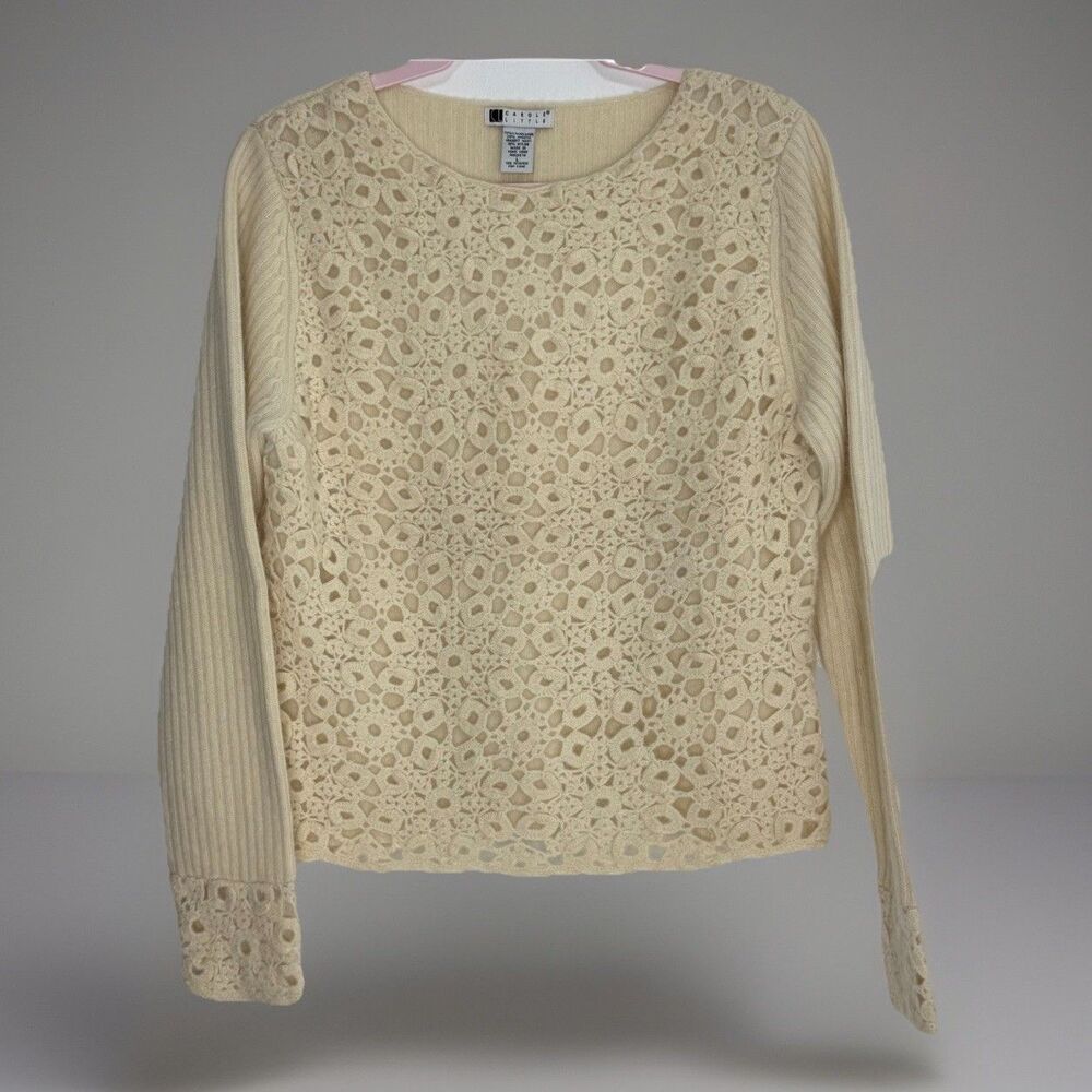 Carole Little Angora Rabbit Lambs Wool Crochet Floral Sweater Womens L Ivory